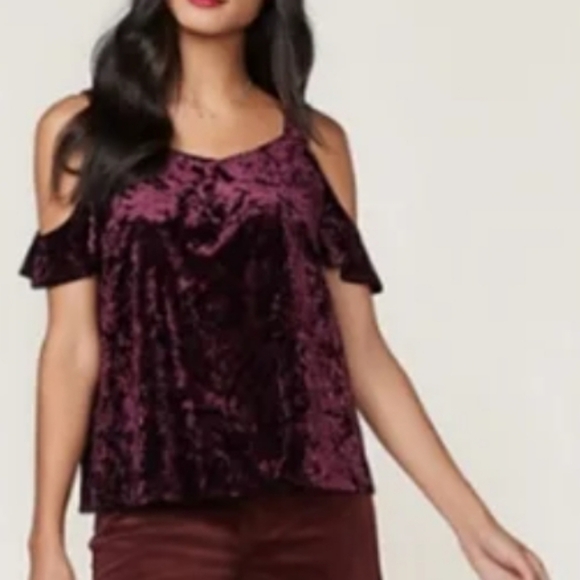 Lauren Conrad Romantic Twee Sweet Girly burgundy runway velvet cold shoulder top - Picture 1 of 7
